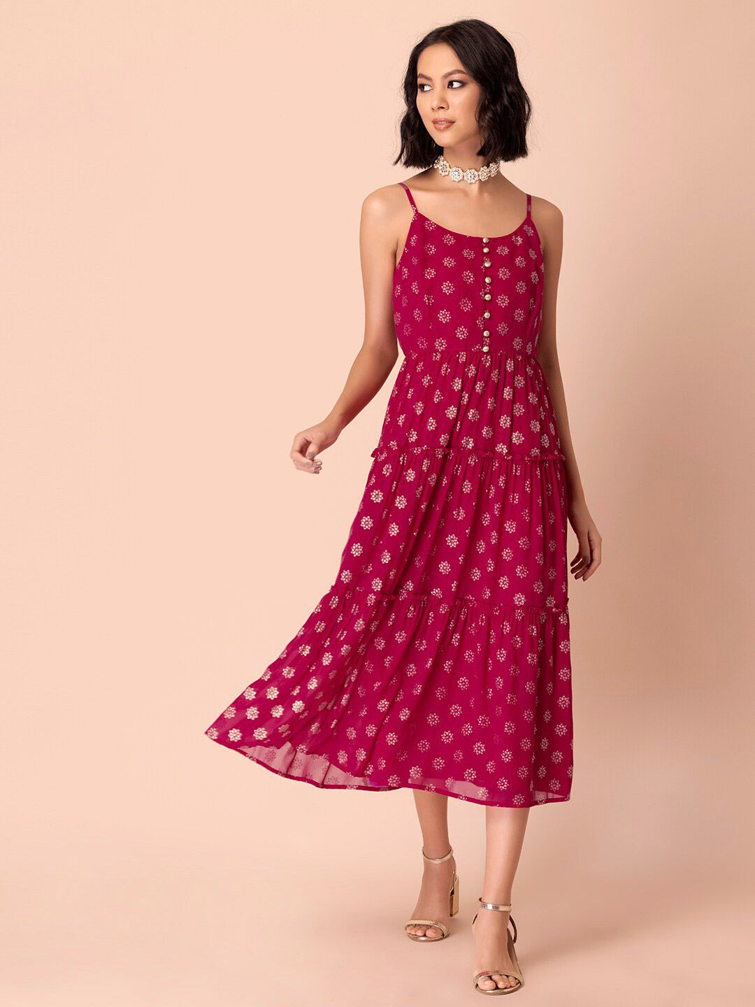INDYA Pink Ethnic Motifs Georgette Ethnic A-Line Midi Dress Price in India