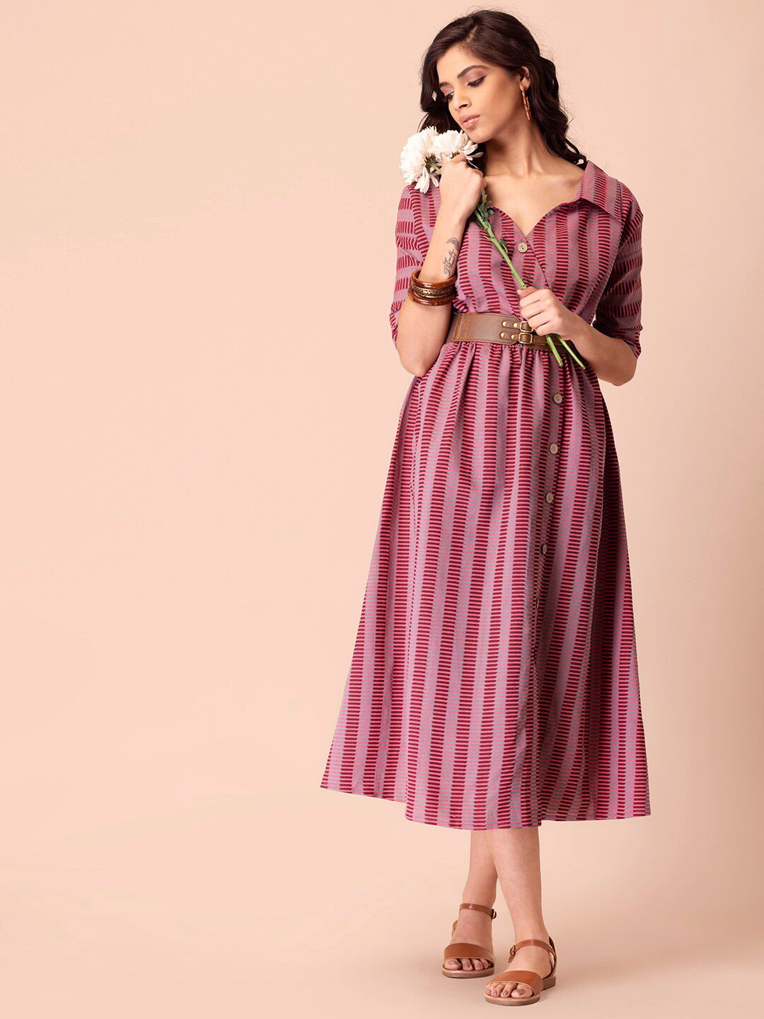 INDYA Pink Striped Midi Dress Price in India