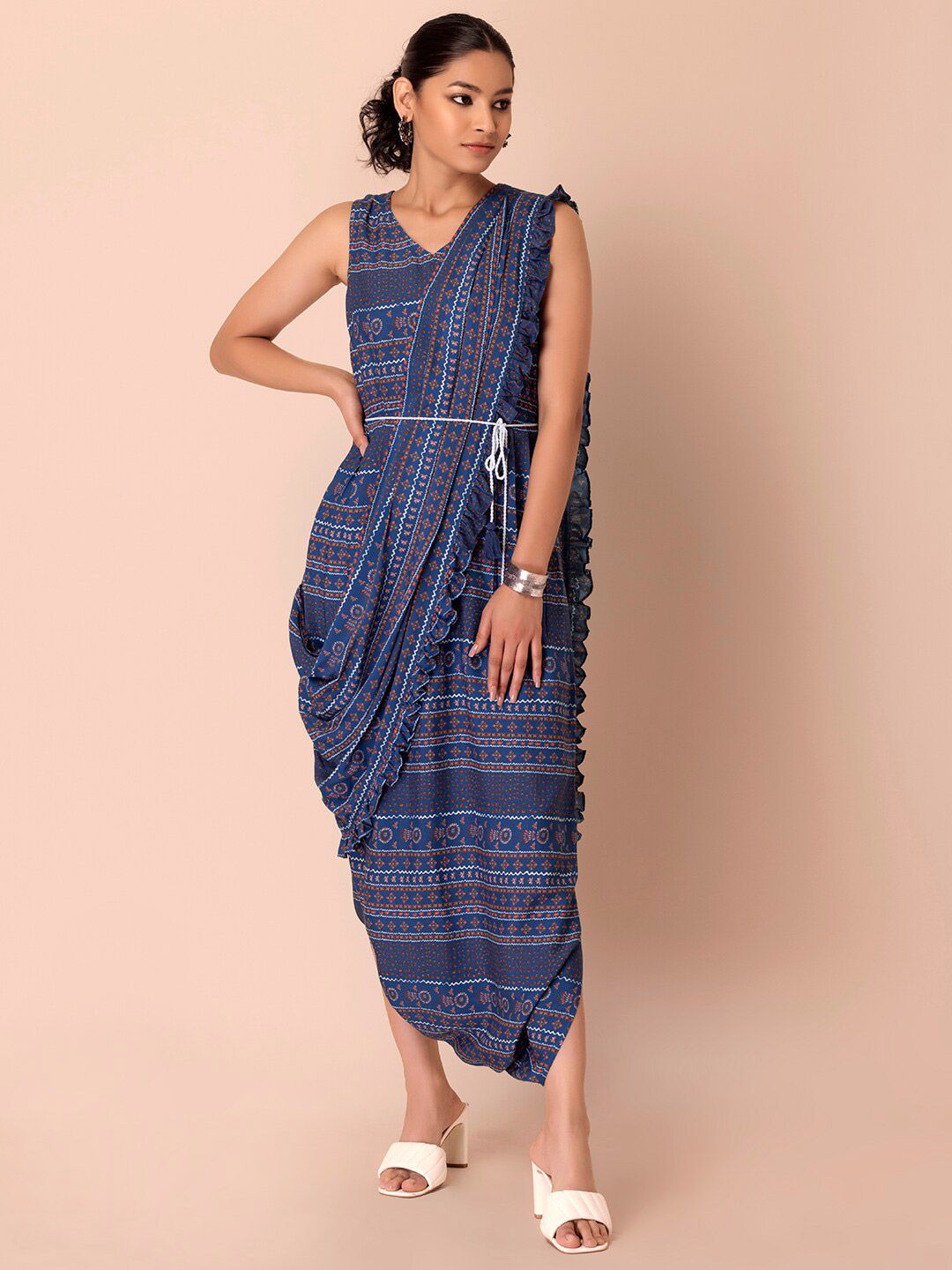 INDYA Blue & Orange Printed Basic Jumpsuit Price in India