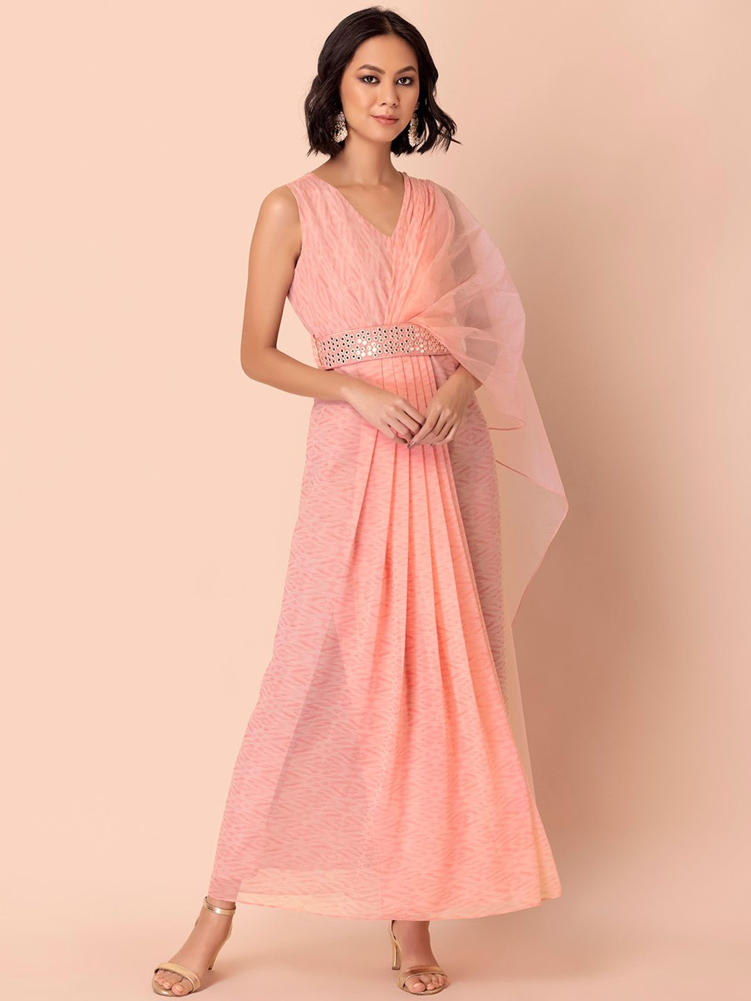 INDYA Peach-Coloured Pleated Maxi Dress with Attached Dupatta Price in India