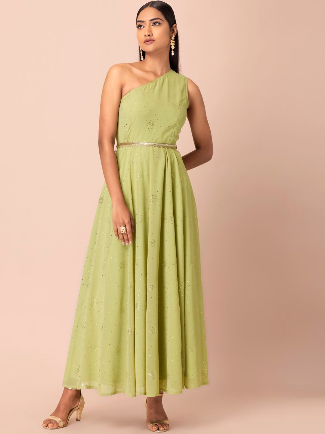 INDYA Women Green & Golden Embroidered One Shoulder Belted Maxi Kurta