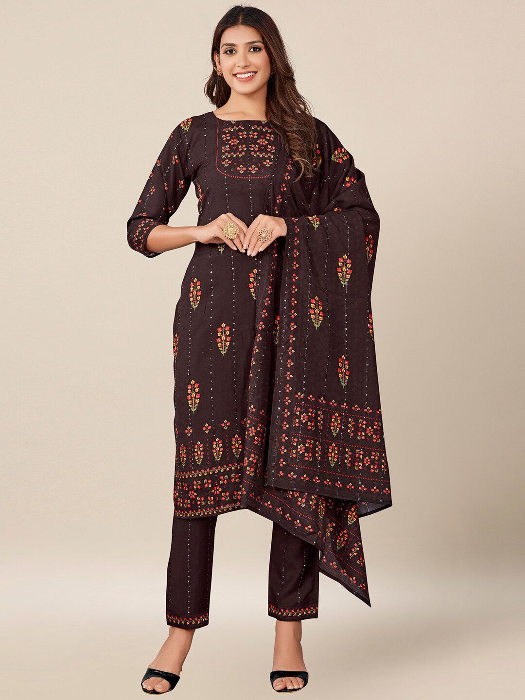 AYKA CLOTHINGS Brown & Red Printed Viscose Rayon Unstitched Dress Material Price in India