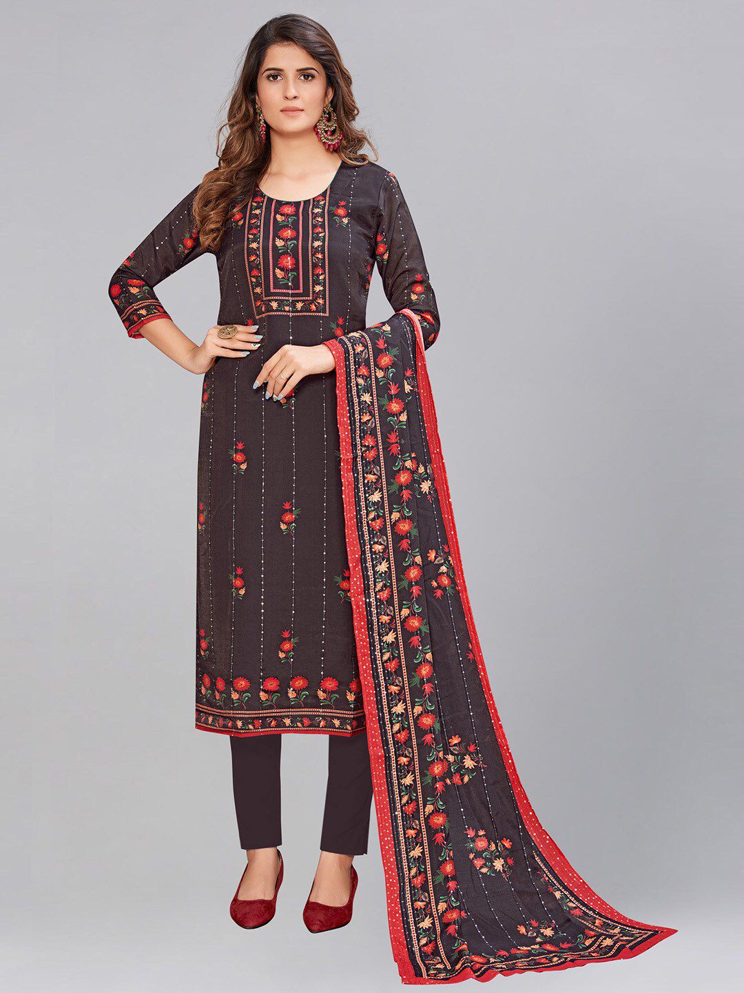 AYKA CLOTHINGS Black & Red Printed Viscose Rayon Unstitched Dress Material Price in India