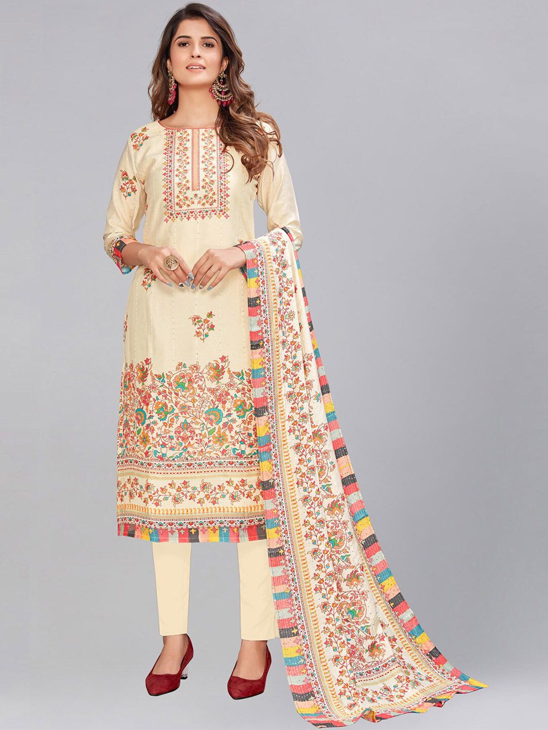 AYKA CLOTHINGS Cream-Coloured & Blue Printed Viscose Rayon Unstitched Dress Material Price in India