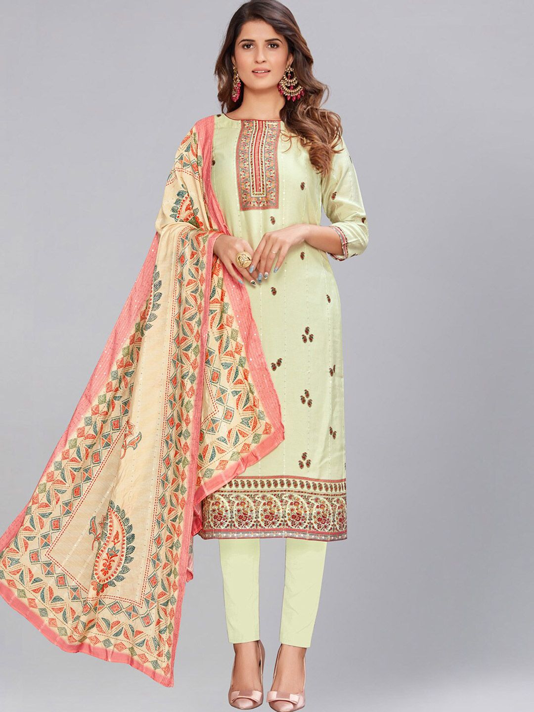 AYKA CLOTHINGS Olive Green & Pink Printed Viscose Rayon Unstitched Dress Material Price in India