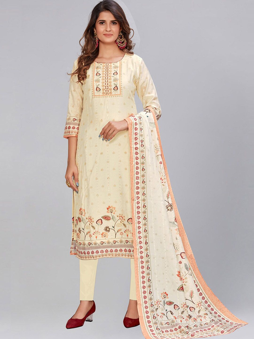 AYKA CLOTHINGS Cream-Coloured & Orange Printed Viscose Rayon Unstitched Dress Material Price in India