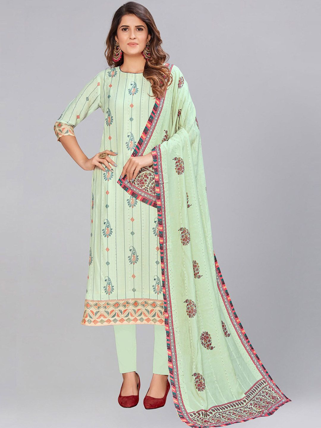 AYKA CLOTHINGS Green & Pink Printed Viscose Rayon Unstitched Dress Material Price in India