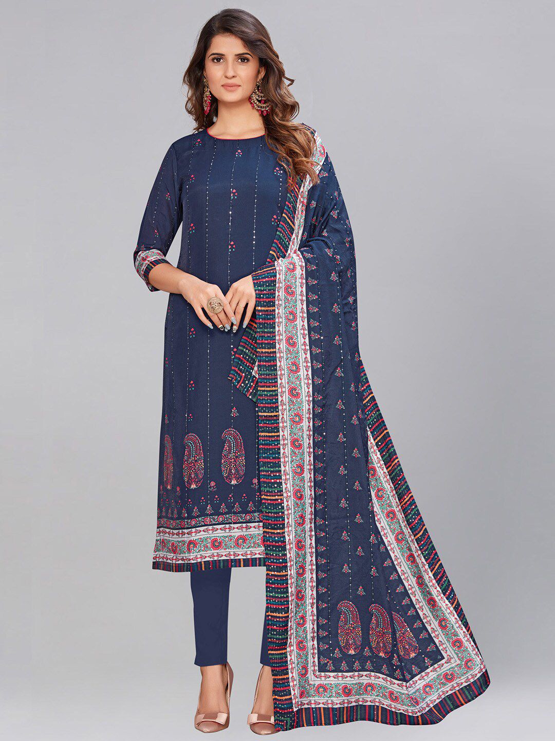 AYKA CLOTHINGS Navy Blue & White Printed Viscose Rayon Unstitched Dress Material Price in India