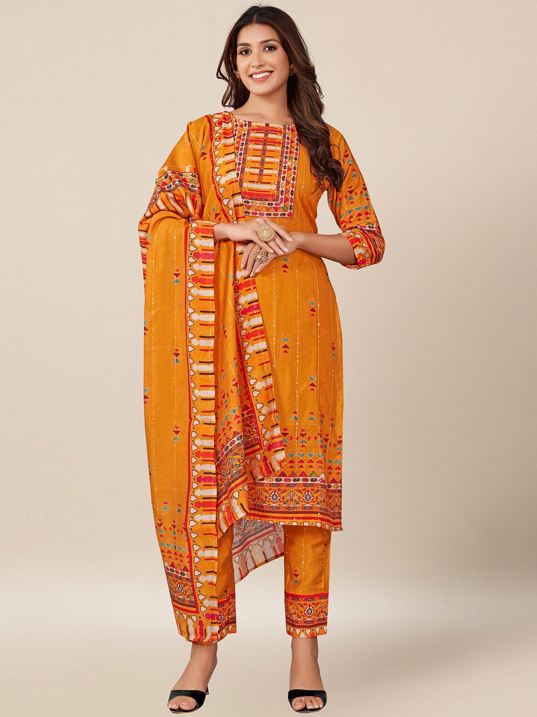 AYKA CLOTHINGS Mustard & Red Printed Viscose Rayon Unstitched Dress Material Price in India