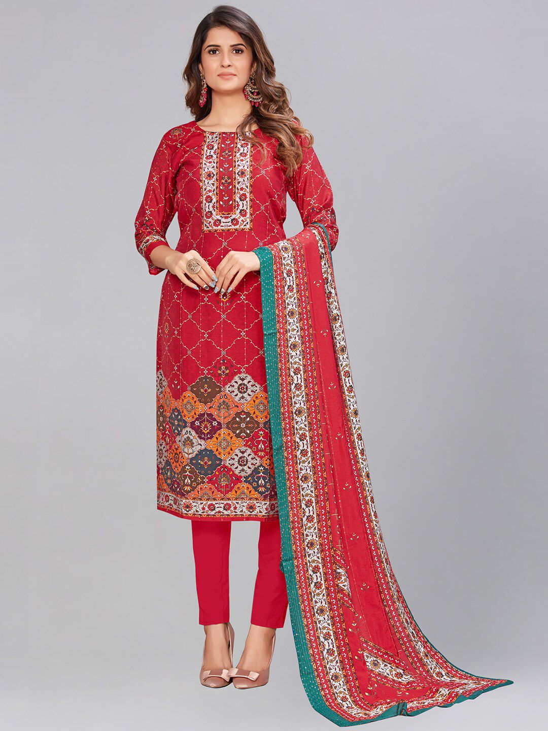 AYKA CLOTHINGS Red & Green Printed Viscose Rayon Unstitched Dress Material Price in India