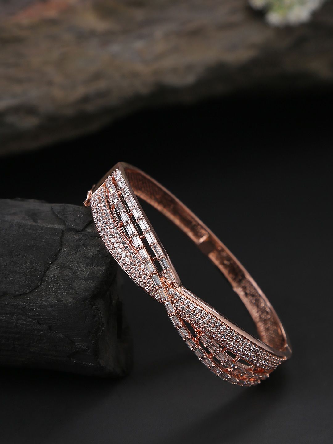 SOHI Women Rose & White Brass American Diamond Rose Gold-Plated Kada Bracelet Price in India