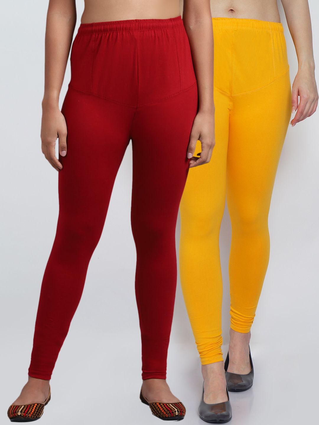 Jinfo Women Pack Of 2 Yellow & Maroon Solid churidar Length Leggings Price in India