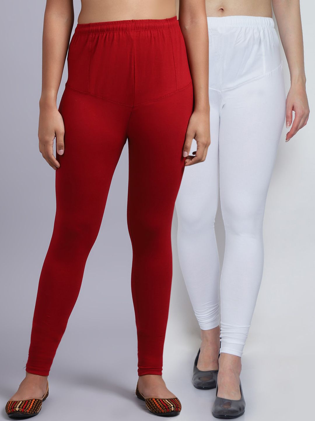 Jinfo Women White Maroon Four Way Lycra Solid Belt Legging Pack Of 2 Price in India