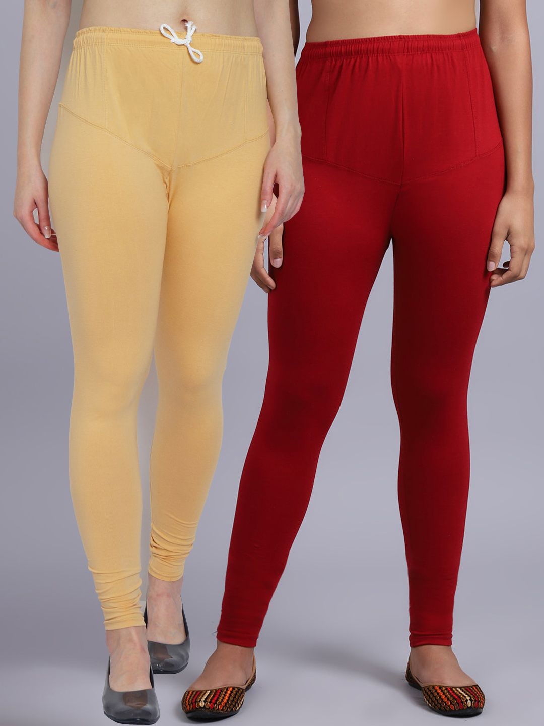 Jinfo Women Pack Of 2 Maroon & Beige-Colored Solid Leggings Price in India