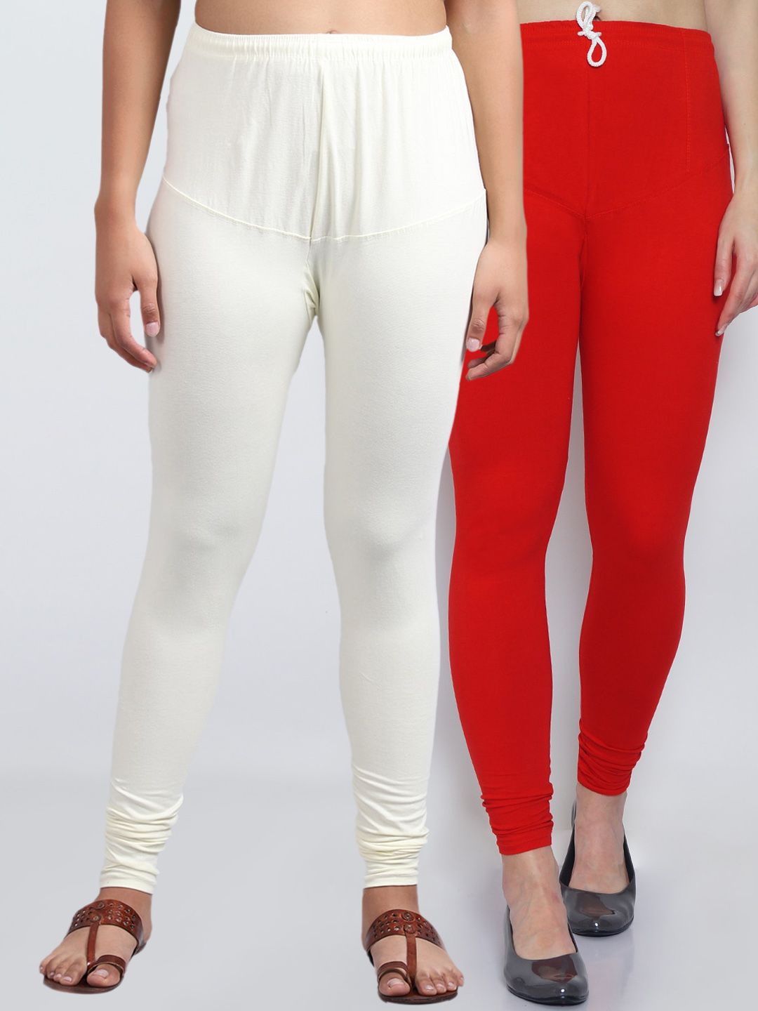 Jinfo Women Red & Off White Pack of 2 Solid Churidar -Length Leggings Price in India