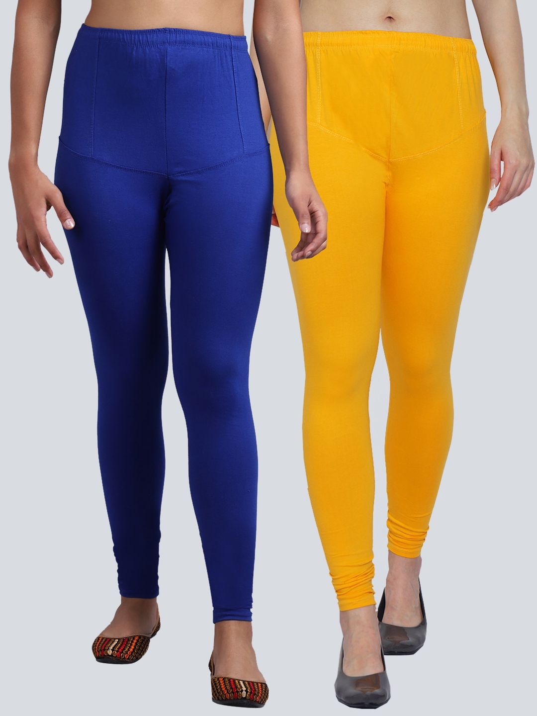 Jinfo Women Blue & Yellow Pack Of 2 Solid Leggings Price in India