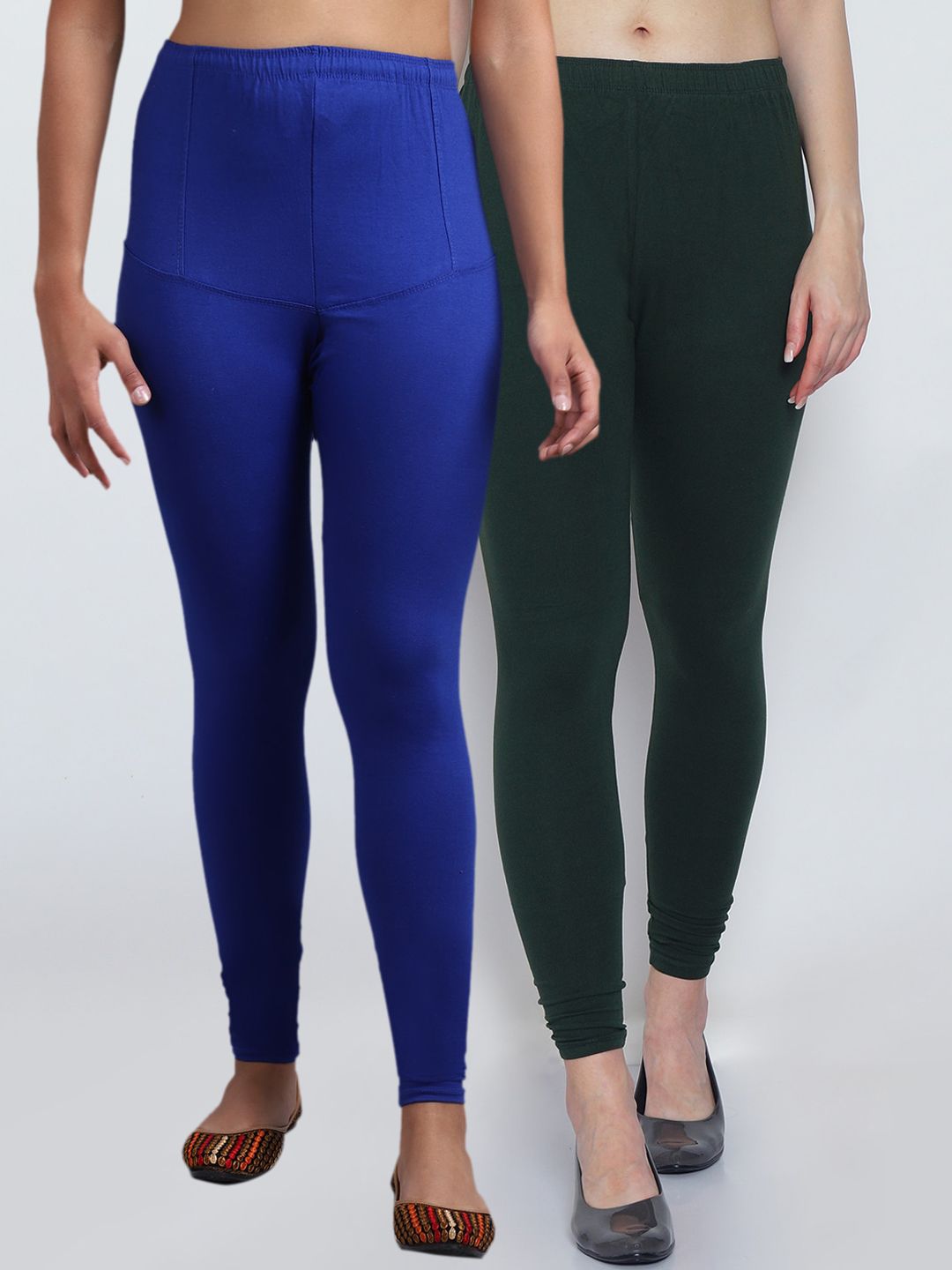 Jinfo Women Pack Of 2 Blue & Green Solid Leggings Price in India