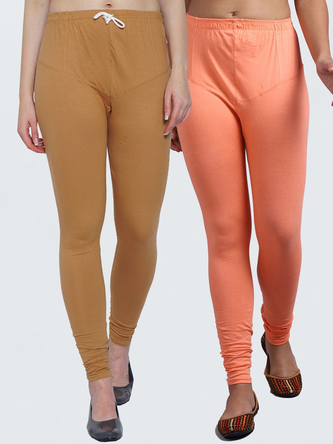Jinfo Women Pack Of 2 Peach-Colored & Beige-Colored Solid Ankle Length Leggings Price in India