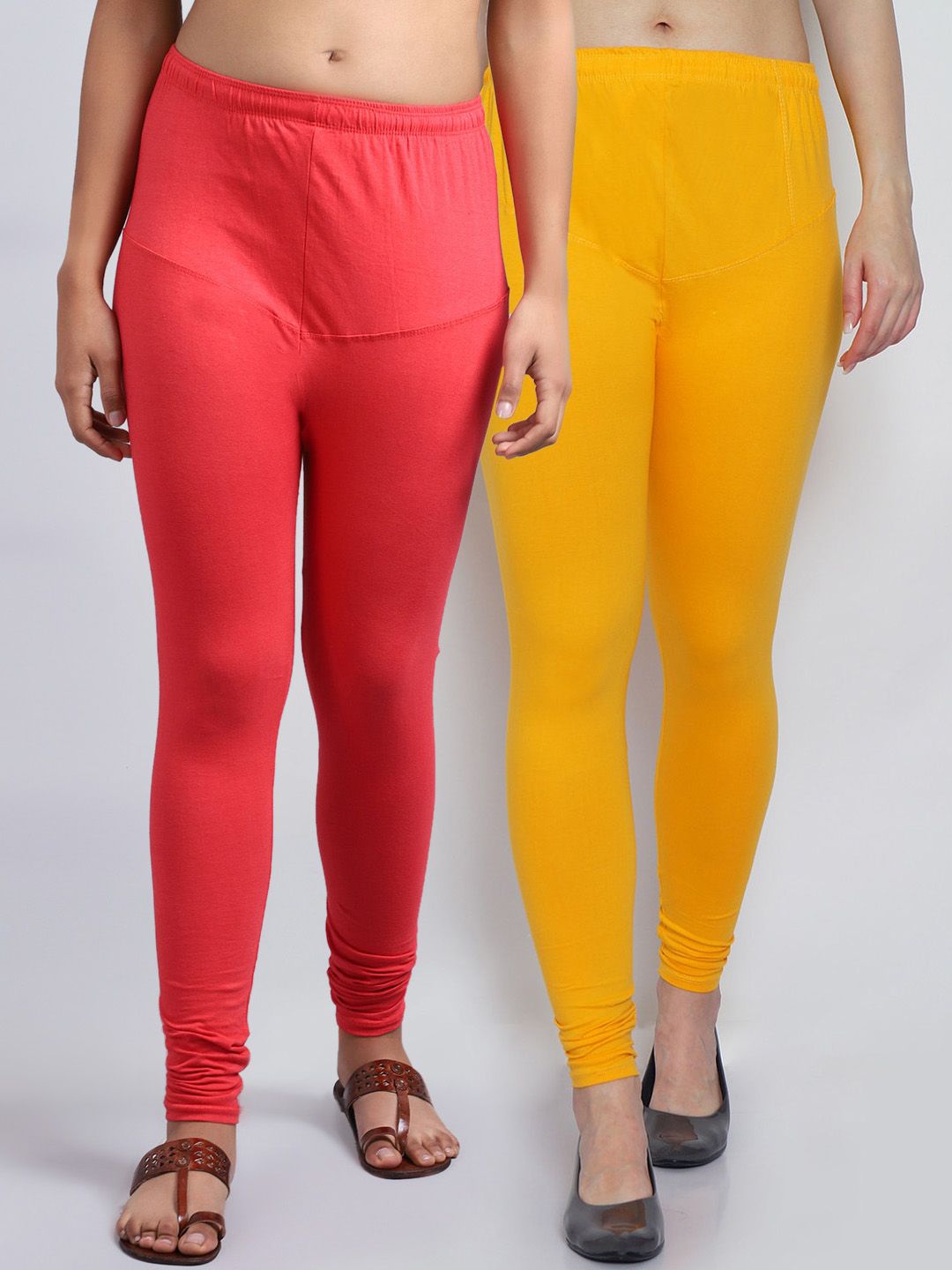 Jinfo Women Pack of 2 Yellow, Pink Solid Churidar Length Leggings Price in India