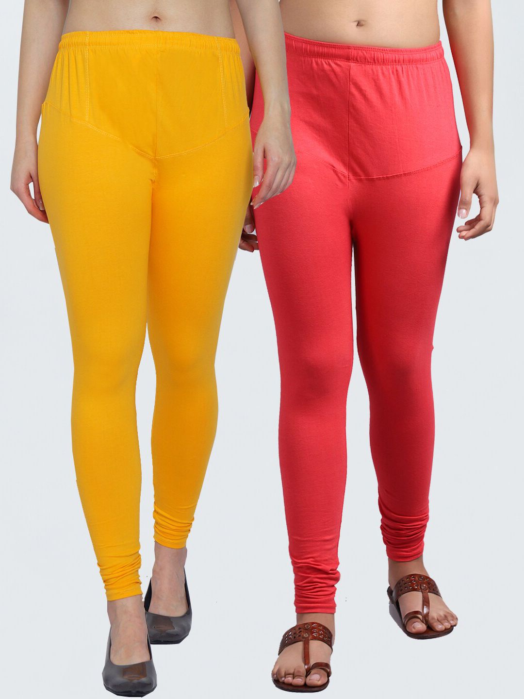 Jinfo Women Pack Of 2 Solid Yellow, Orange Churidar Length Leggings Price in India