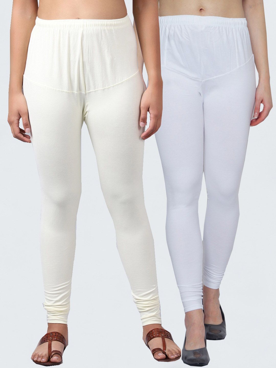 Jinfo Women White & Off White Solid Churidar Leggings Pack Of 2 Price in India