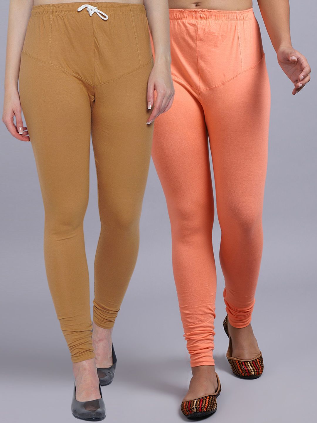 Jinfo Women Pack Of 2 Peach Colored & Dark Beige Colored Solid Ankle Length Leggings Price in India