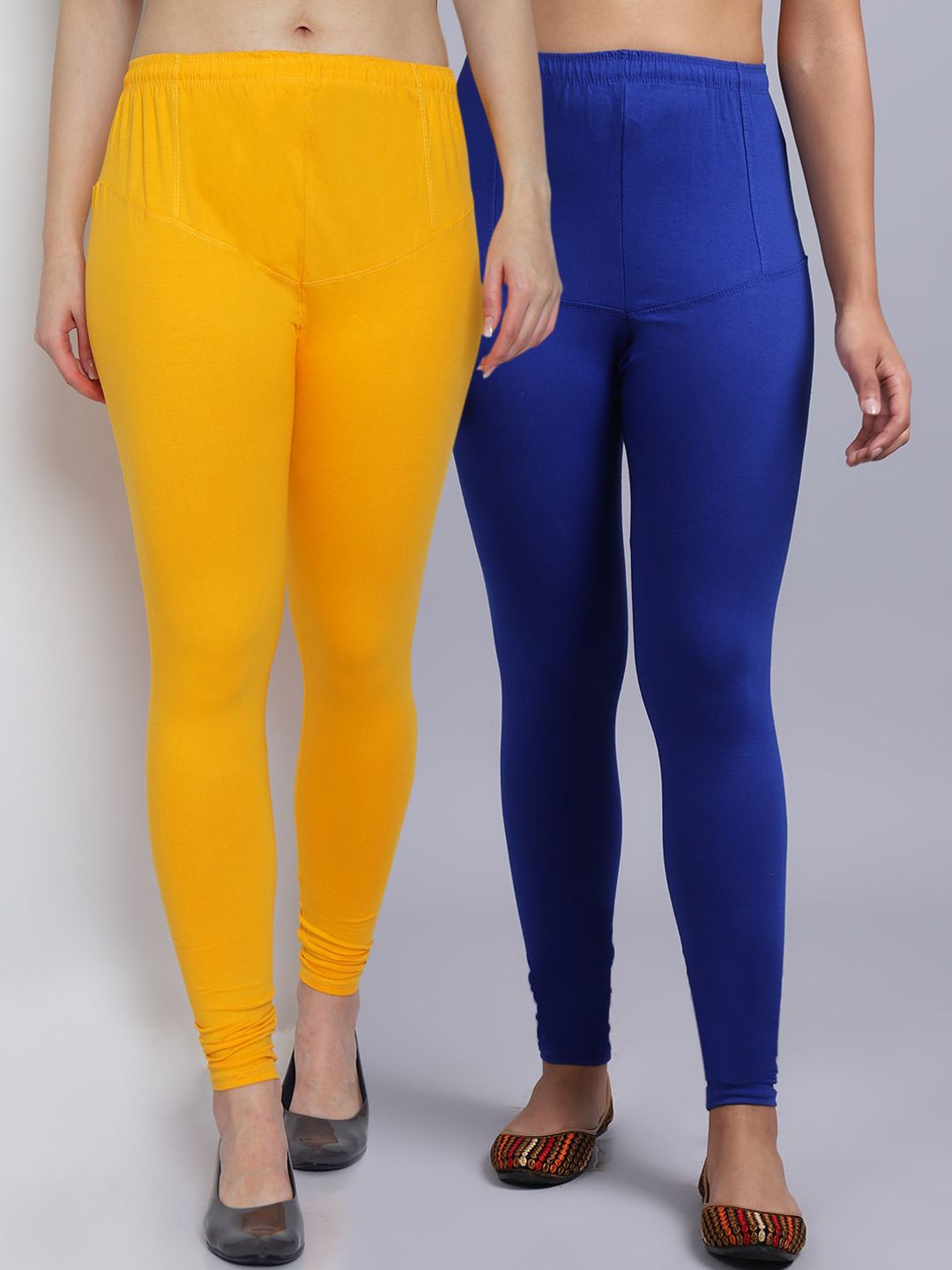Jinfo Women Blue & Yellow Pack Of 2 Solid Churidar-Length Leggings Price in India