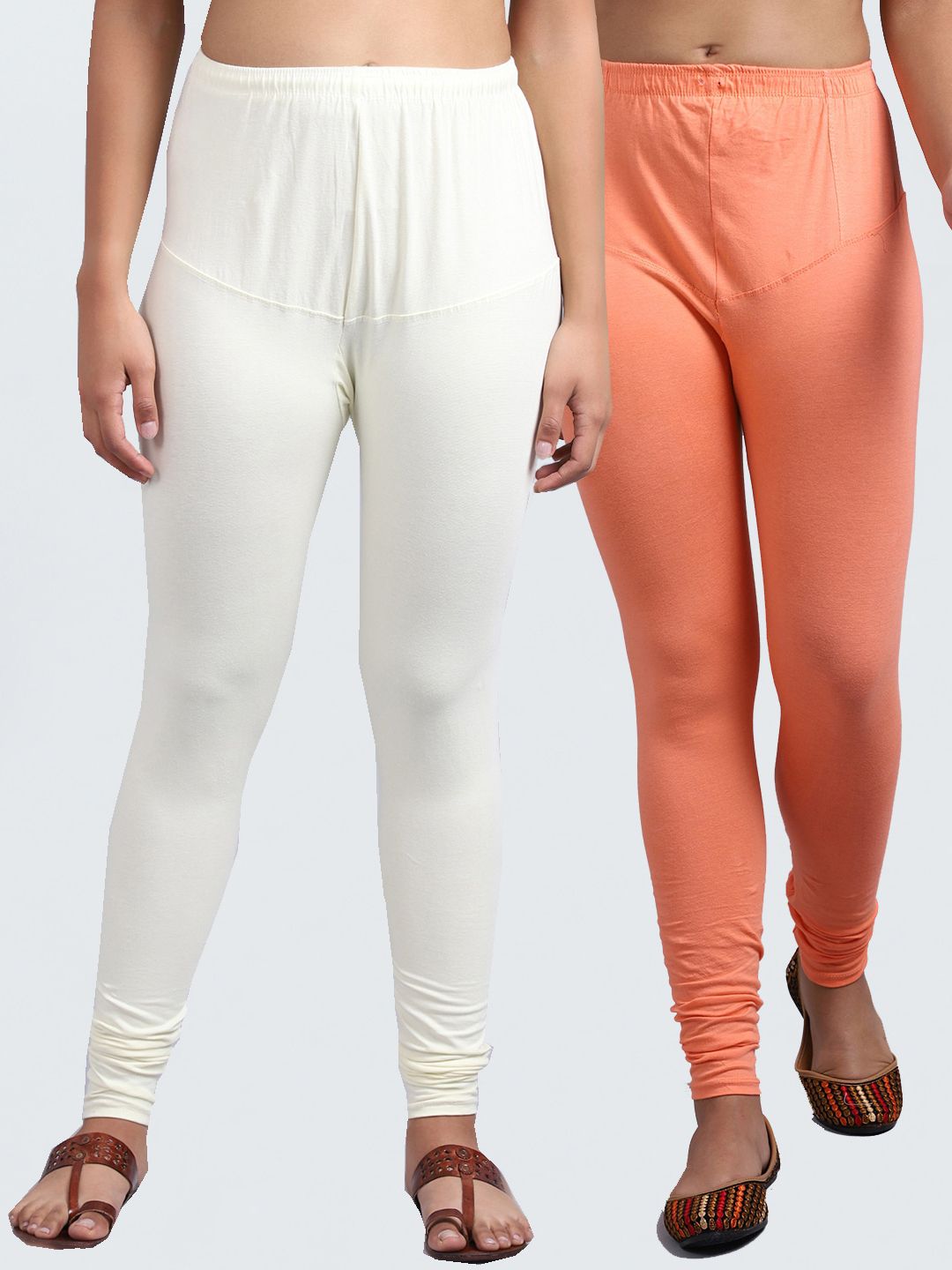 Jinfo Women Peach & Off-White Pack Of 2 Solid Churidar Length Leggings Price in India