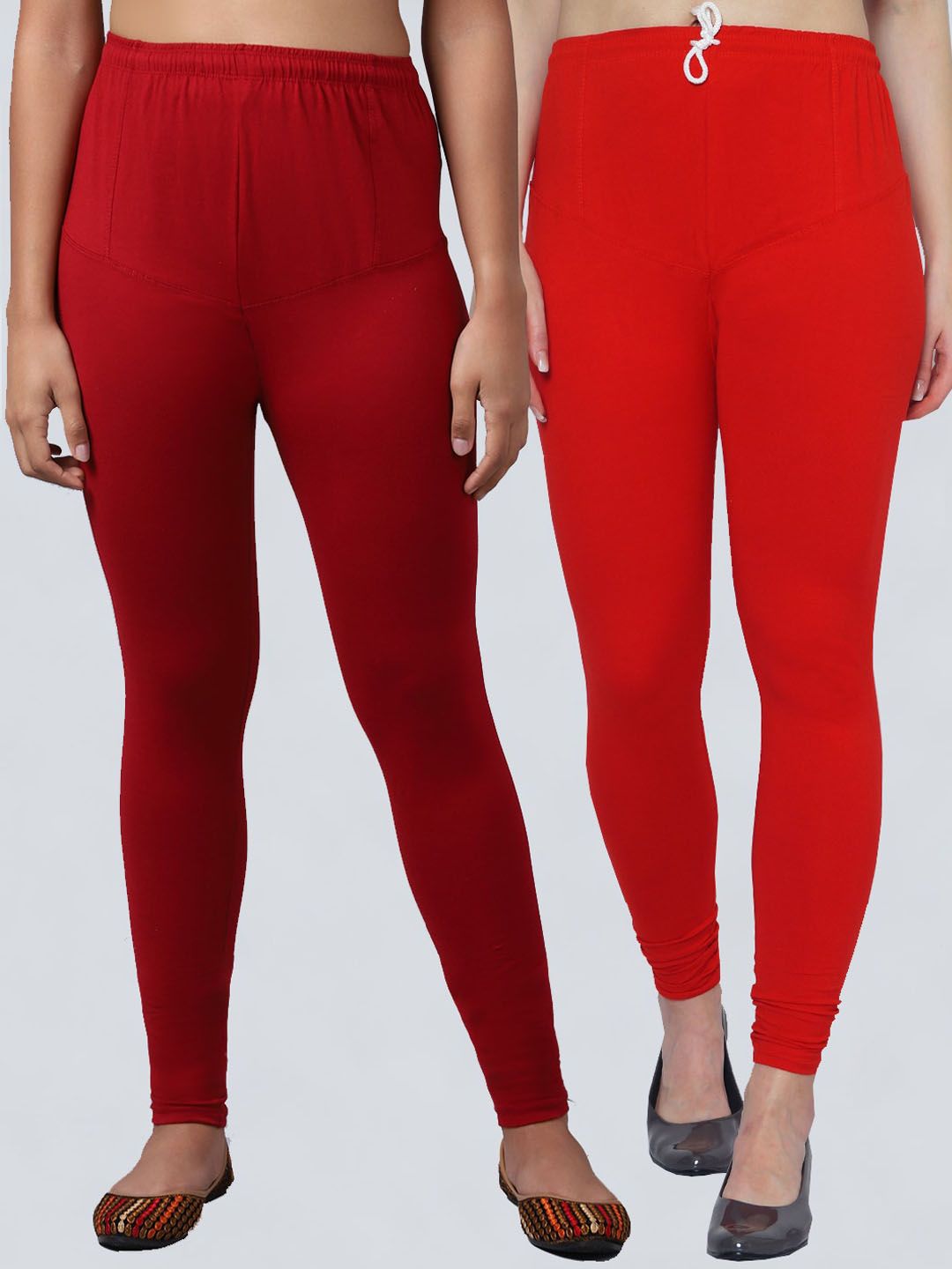 Jinfo Women Pack Of 2 Red & Maroon Solid Churidar Length Leggings Price in India