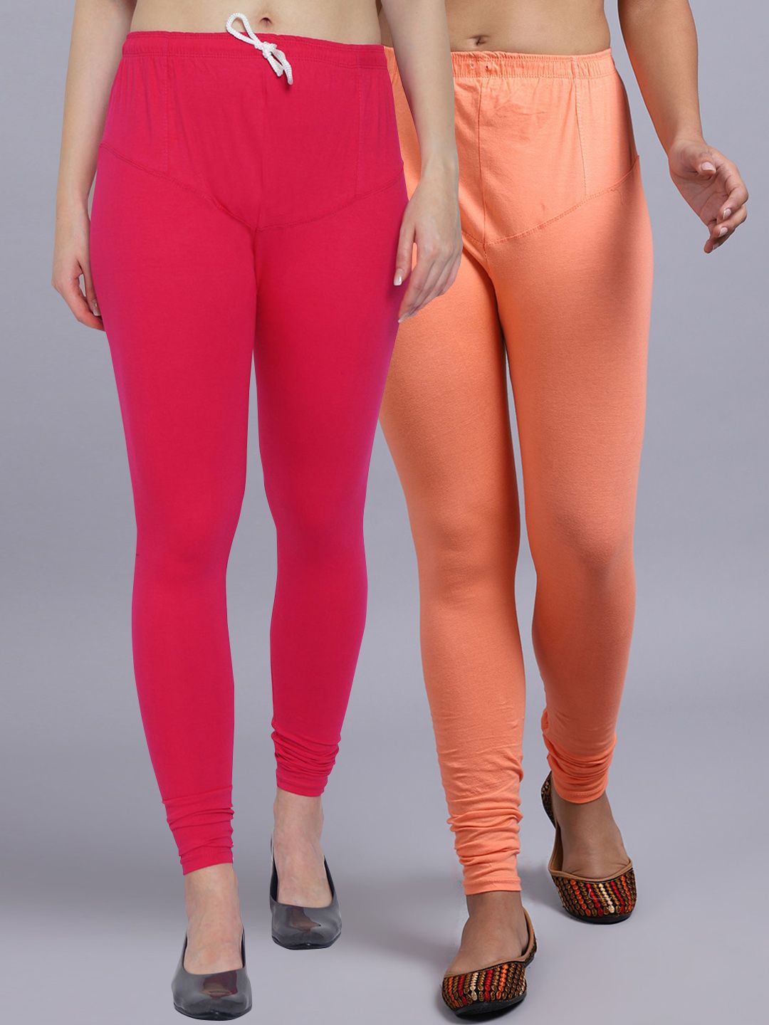 Jinfo Women Pack Of 2 Pink & Peach Solid Churidar Length Leggings Price in India