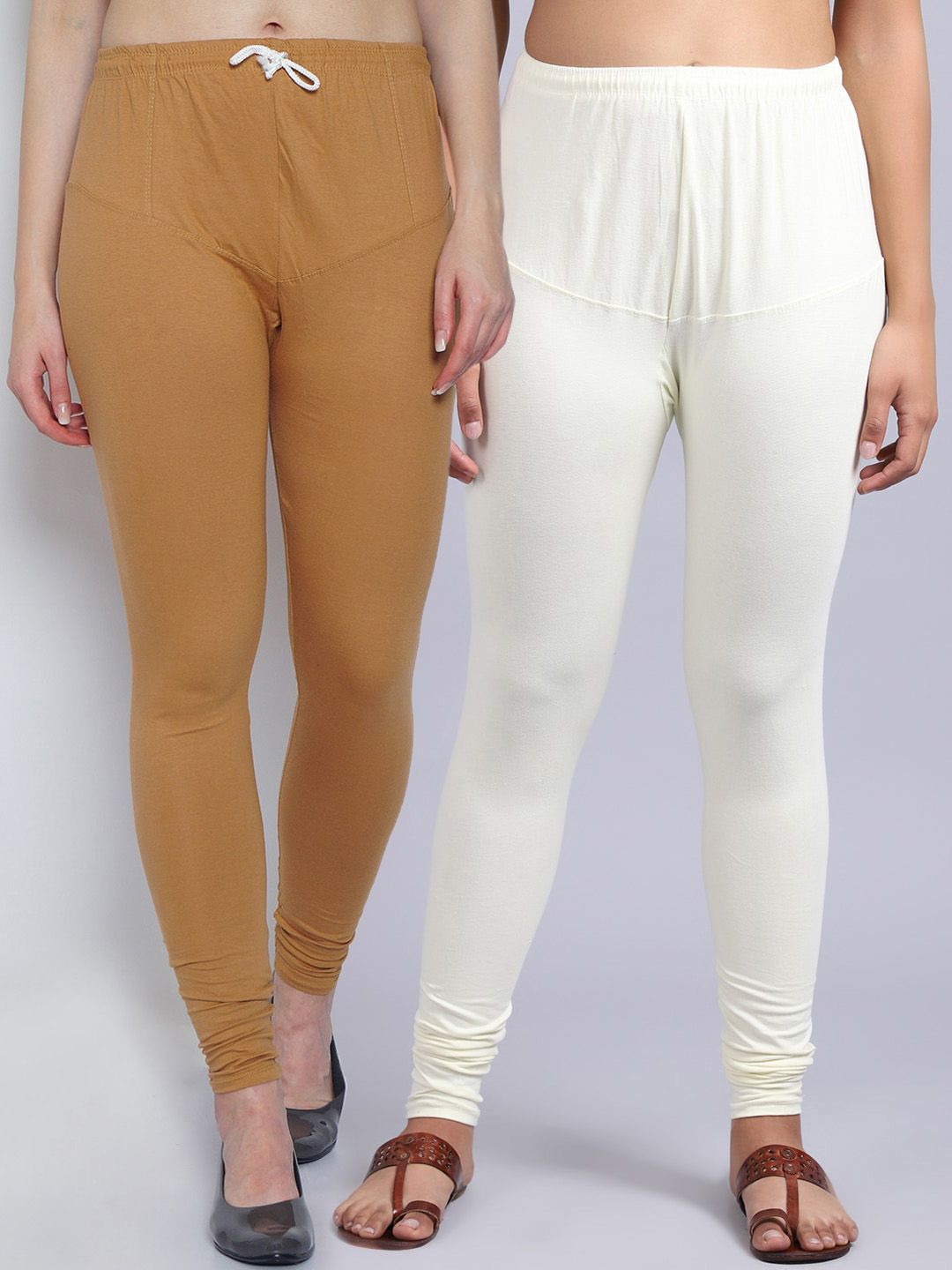 Jinfo Women Beige & Off-White Pack Of 2 Solid Churidar-Length Leggings Price in India