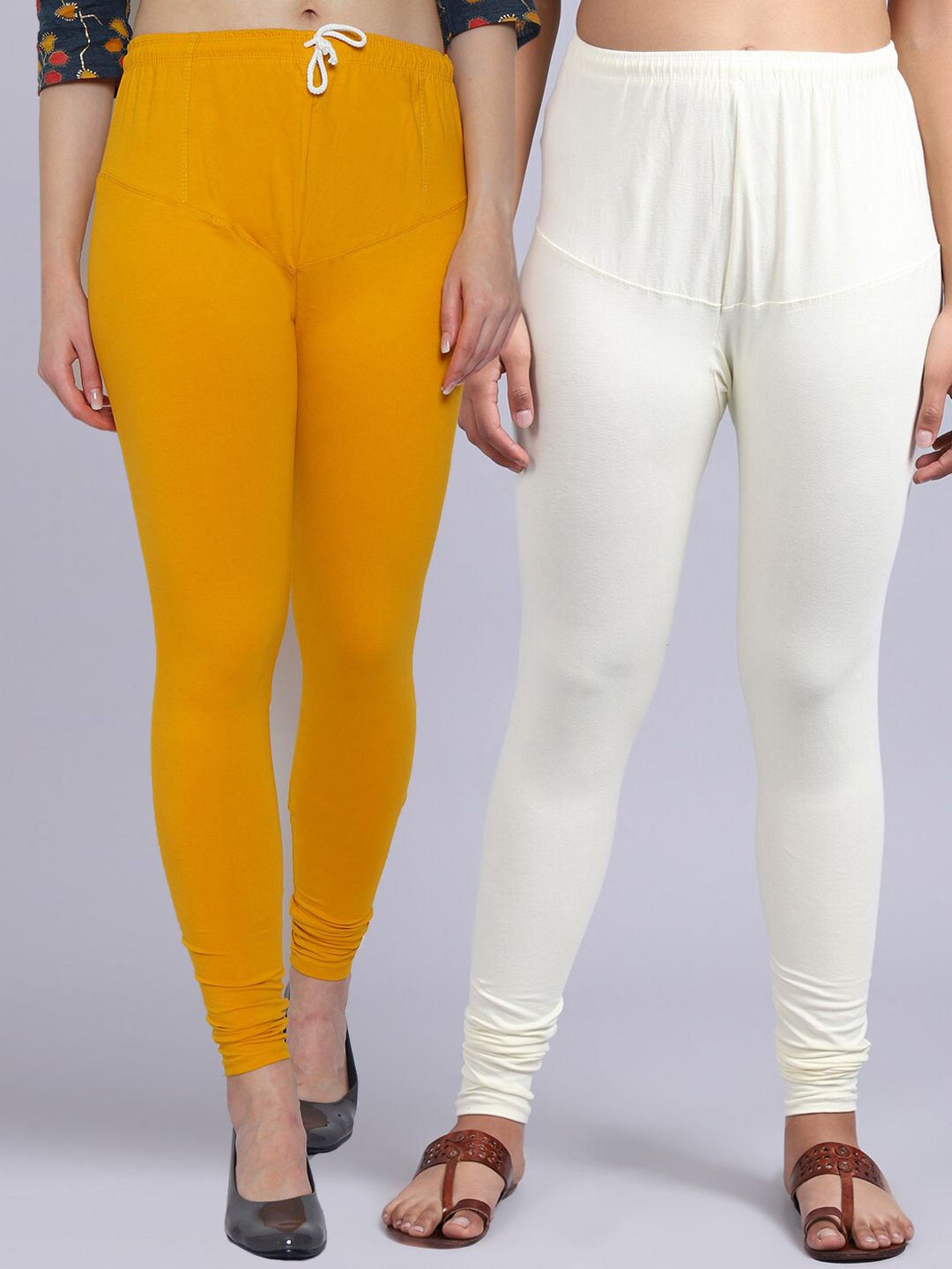 Jinfo Women Pack Of 2 White & Yellow Solid Churidar Leggings Price in India