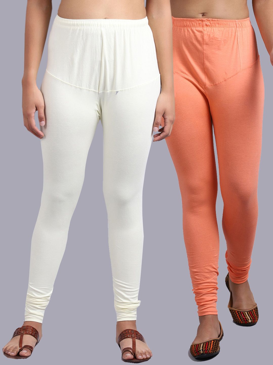 Jinfo Women Off-White & Peach Pack Of 2 Solid Churidar-Length Leggings Price in India
