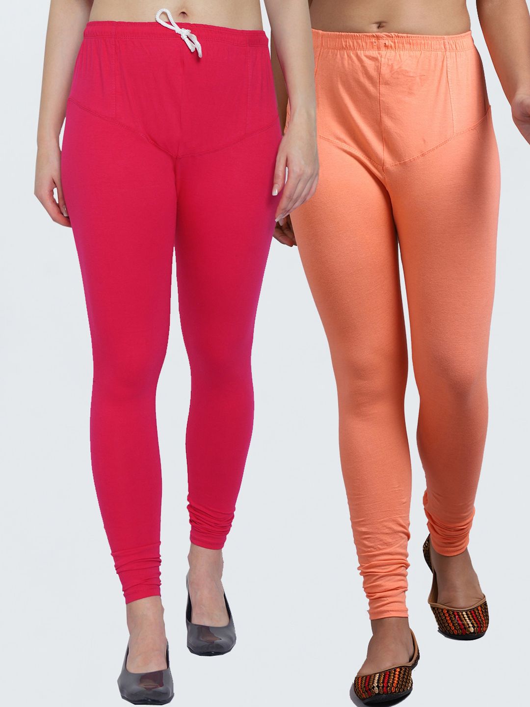 Jinfo Women Pack Of 2 Red and Peach Solid Churidar-Length Leggings Price in India