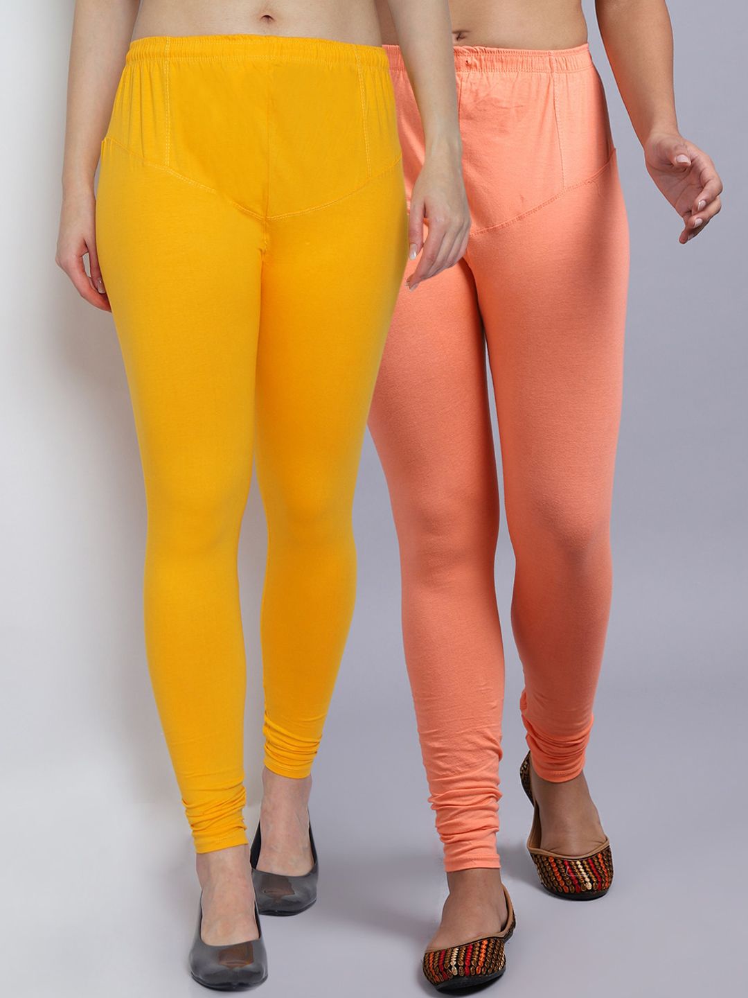 Jinfo Women Pack Of 2 Yellow & Peach Solid Churidar Length Leggings Price in India