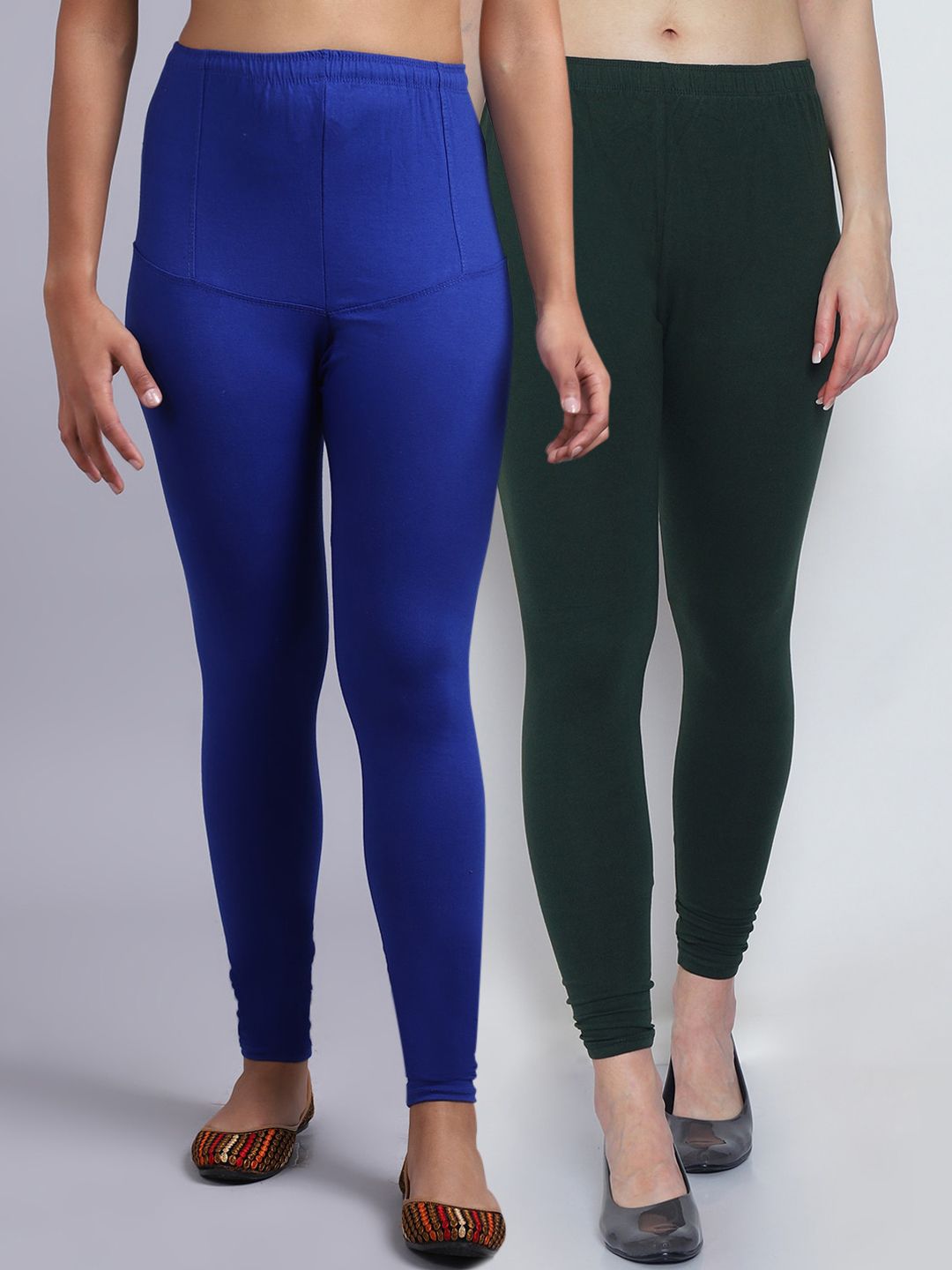 Jinfo Women Blue & Green Pack Of 2 Solid Churidar-Length Leggings Price in India
