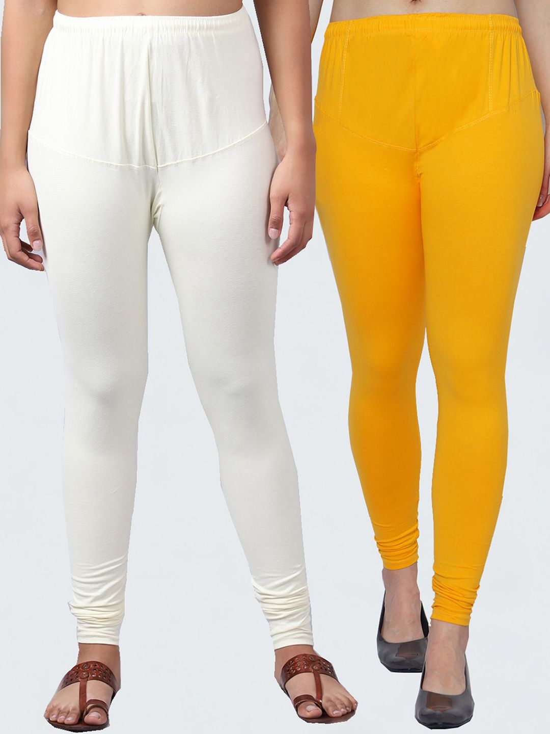 Jinfo Women Pack Of 2 Yellow & Off-White Solid Ankle Length Leggings Price in India