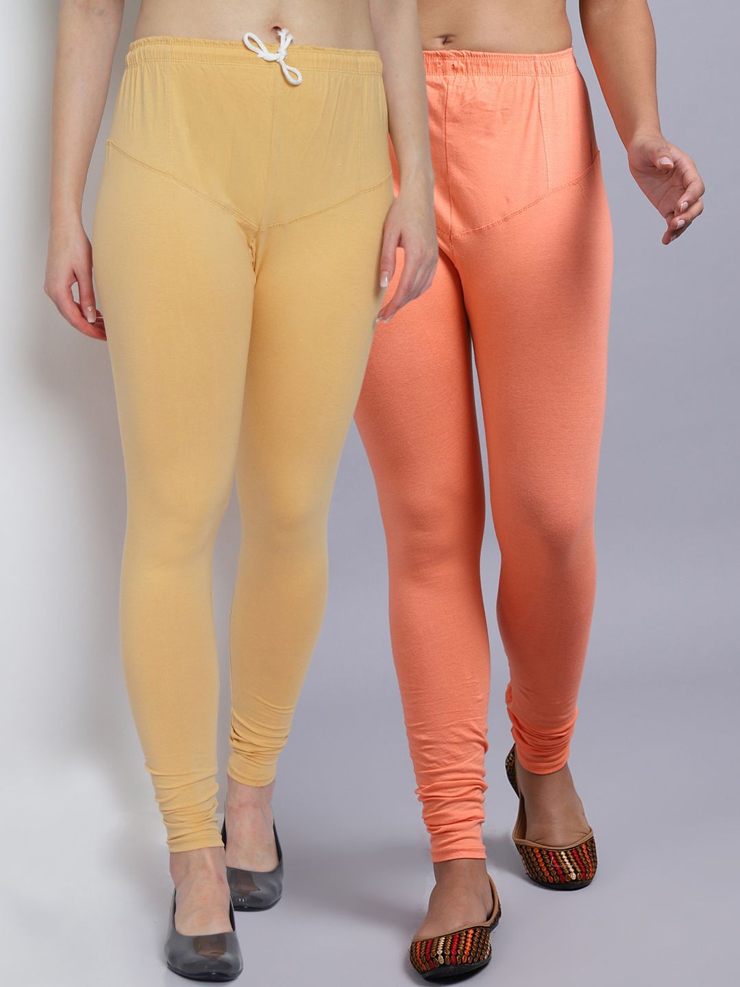 Jinfo Women Orange and yellow Pack of 2 Solid Leggings Price in India