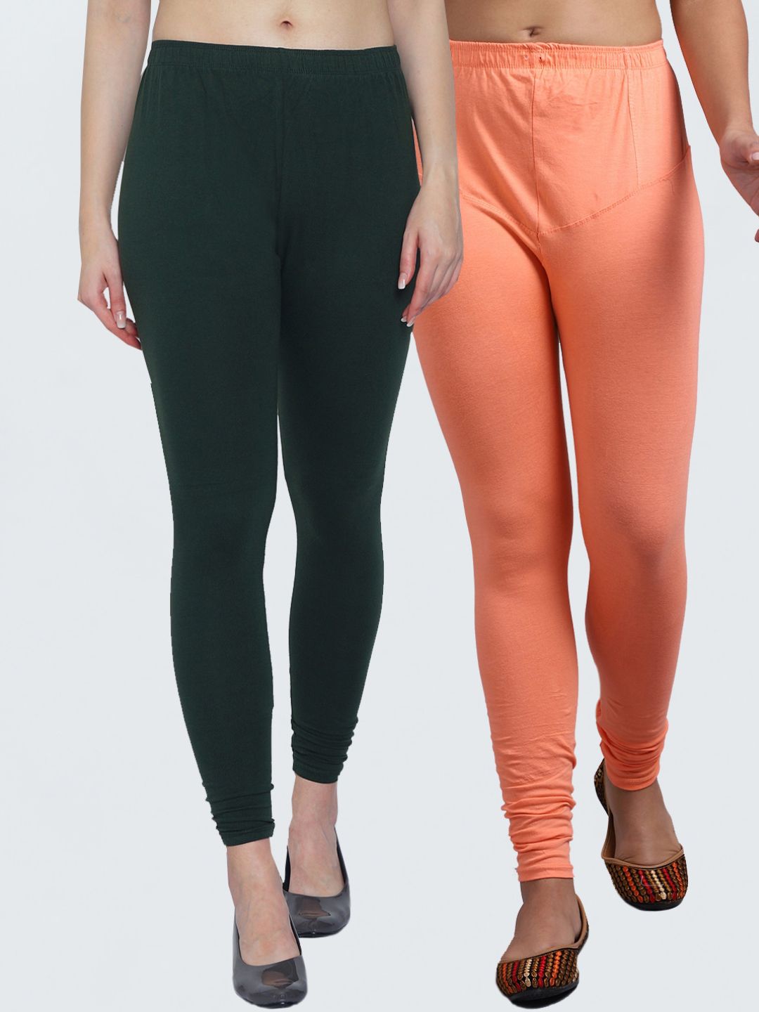 Jinfo Women Pack Of 2 Green Solid Leggings Price in India