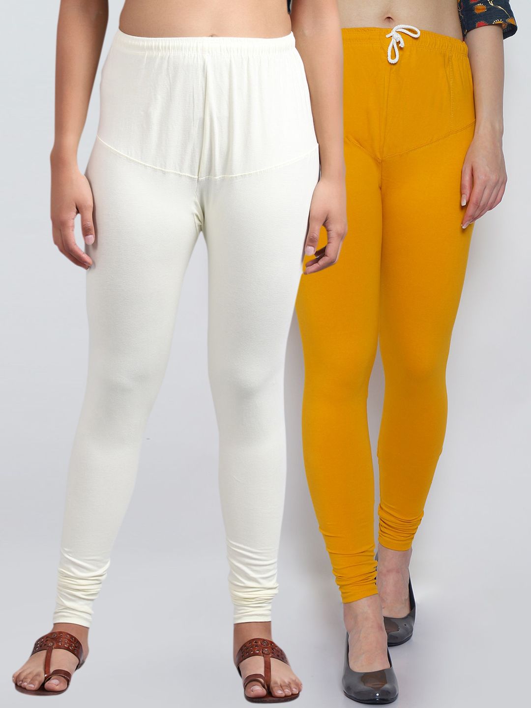 Jinfo Women Pack of 2 Yellow & White Solid Ankle-Length Leggings Price in India