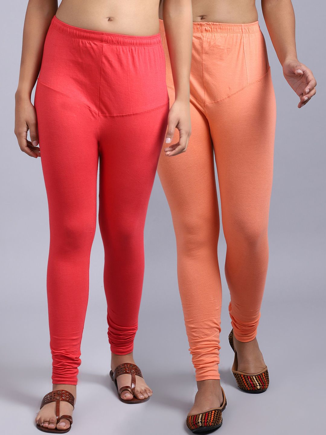Jinfo Women Pack Of 2 Orange & Peach-Colored Solid Ankle Length Leggings Price in India