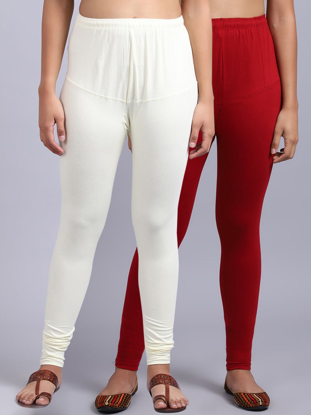 Jinfo Women Maroon & White Pack Of 2 Solid Churidar-Length Leggings Price in India