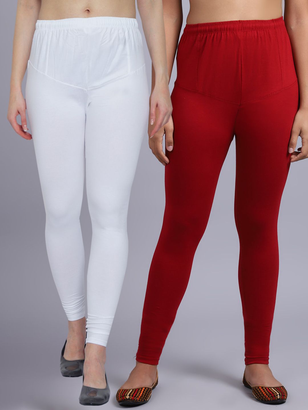 Jinfo Women White & Maroon Pack of 2 Solid Churidar-Length Leggings Price in India