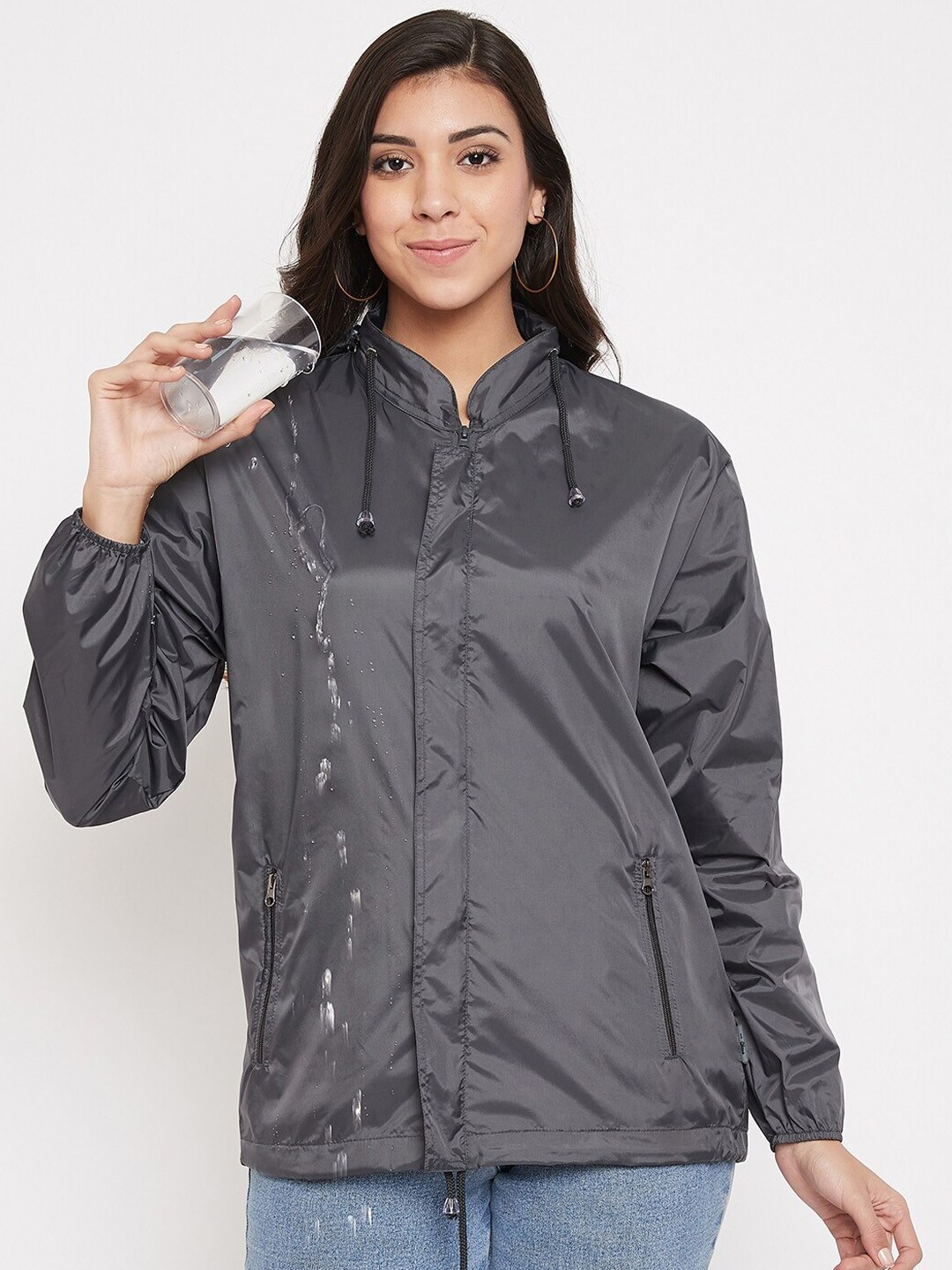 Okane Women Grey Windcheater and Water Resistant Bomber Jacket Price in India