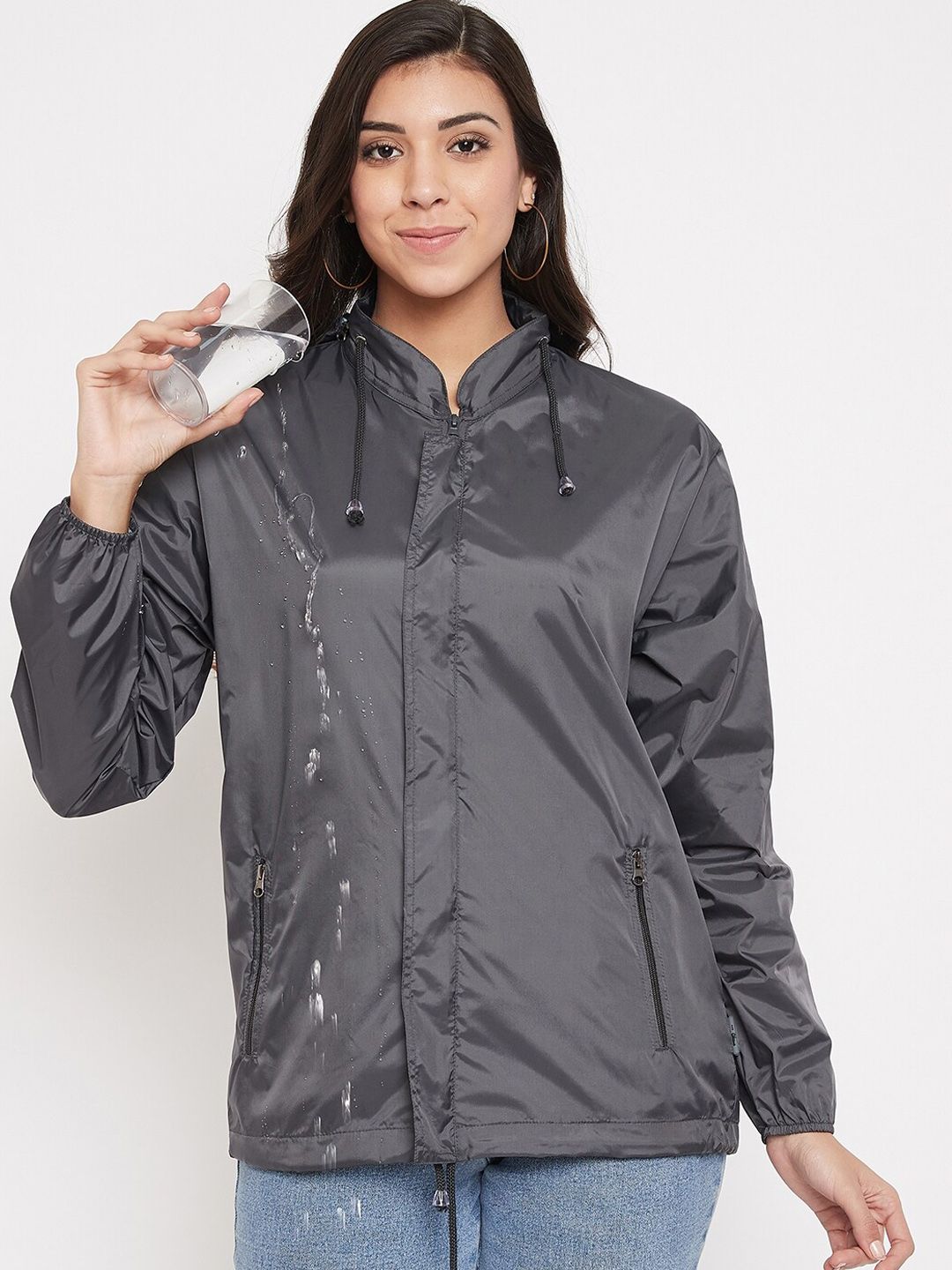 Okane Women Grey Windcheater and Water Resistant Bomber Hooded Jacket Price in India