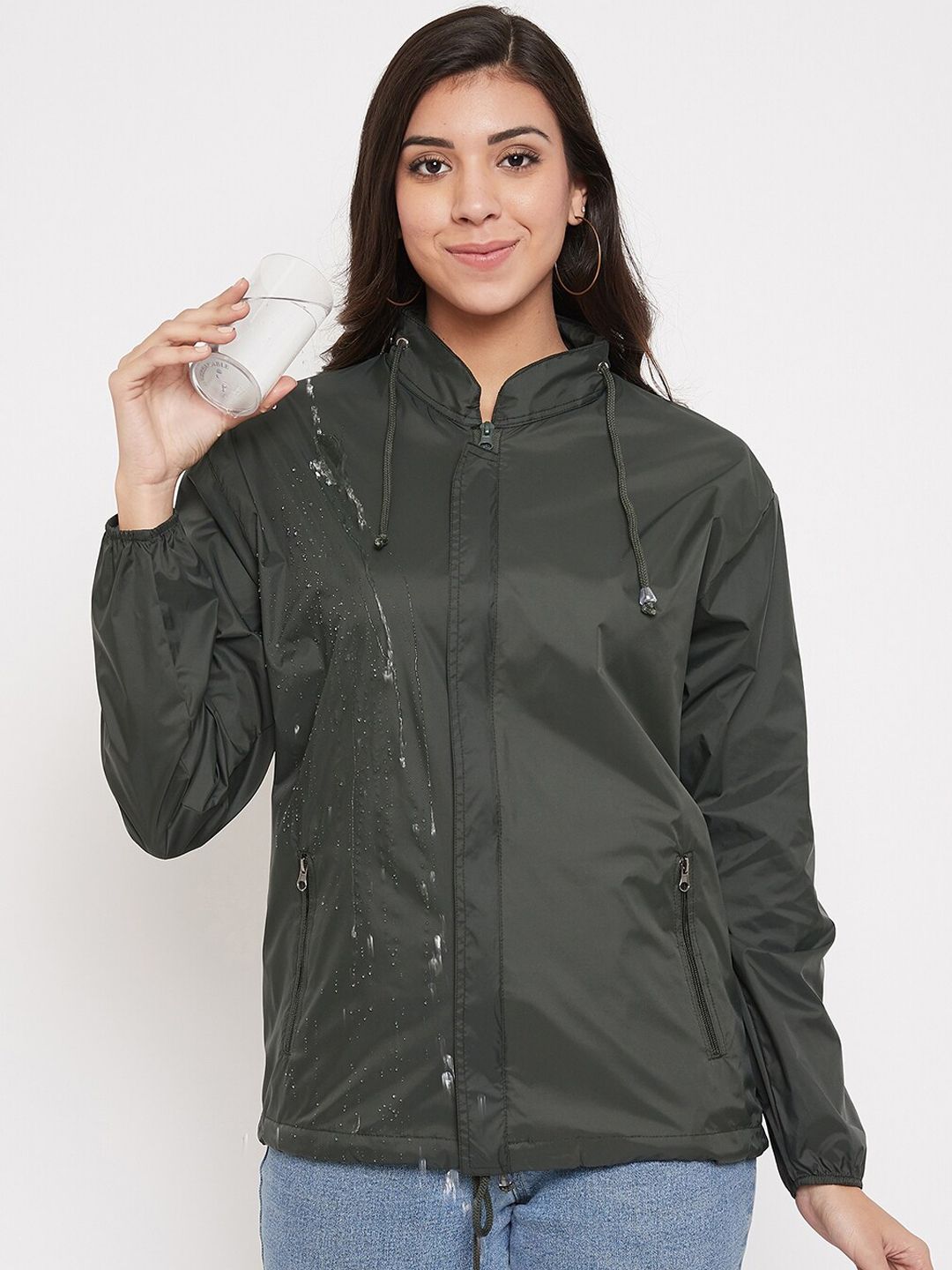 Okane Women Olive Green Windcheater and Water Resistant Tailored Jacket Price in India