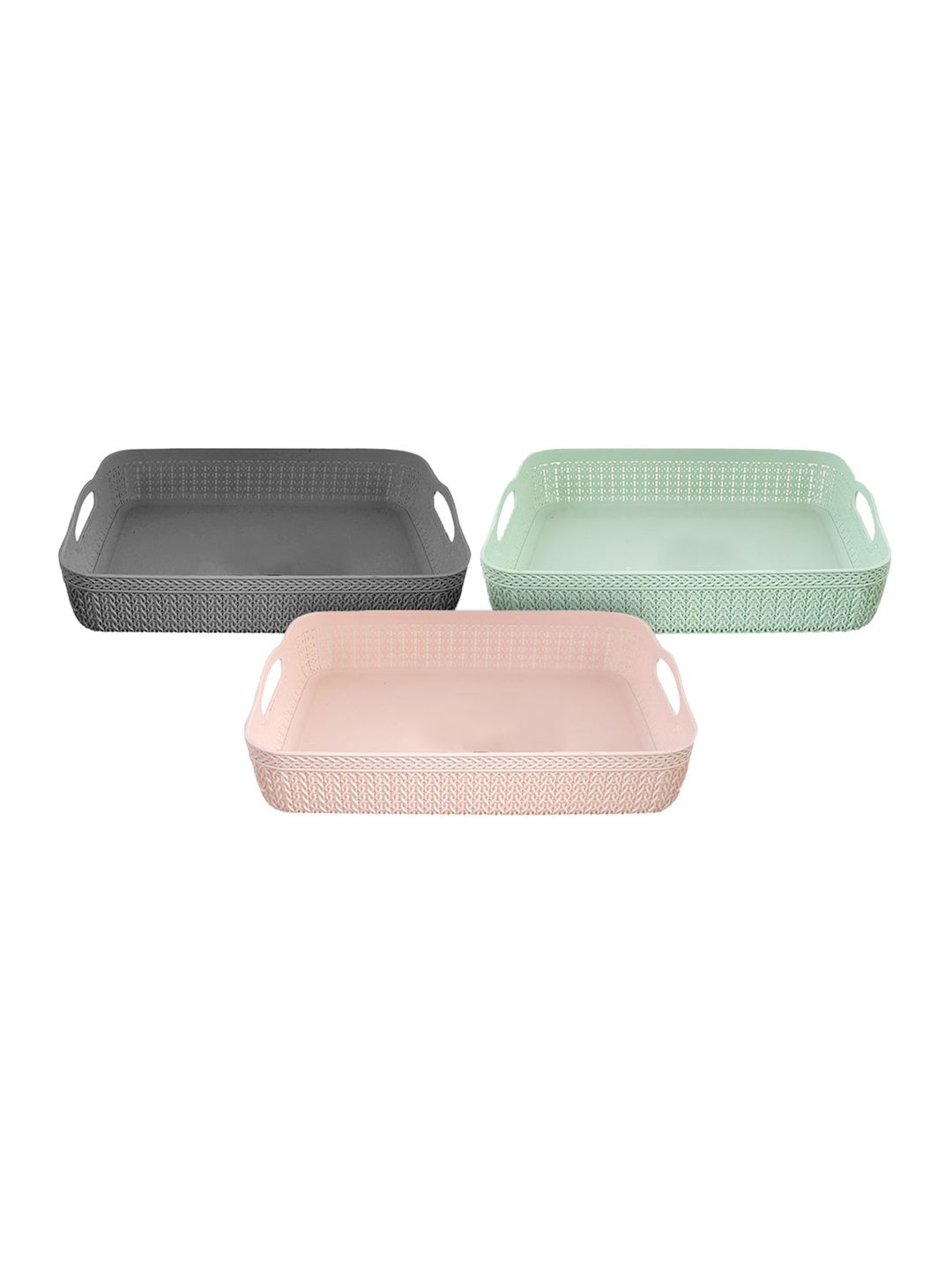 Kuber Industries Set Of 3 Green & Pink Textured Multi Utility Plastic Basket Organisers Price in India