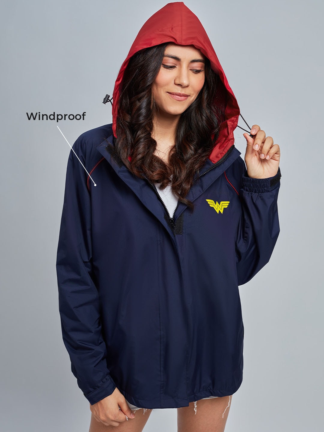 The Souled Store Women Navy Blue & Red Wonder Women Logo Windcheater Outdoor Sporty Jacket Price in India