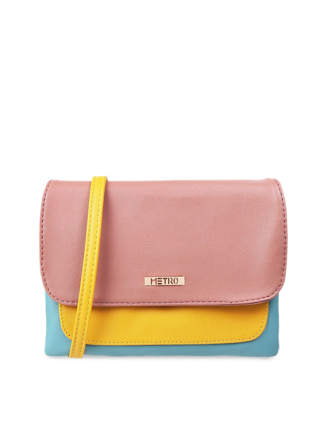 Metro Pink  and yellow Colourblocked Structured Sling Bag with Applique Price in India
