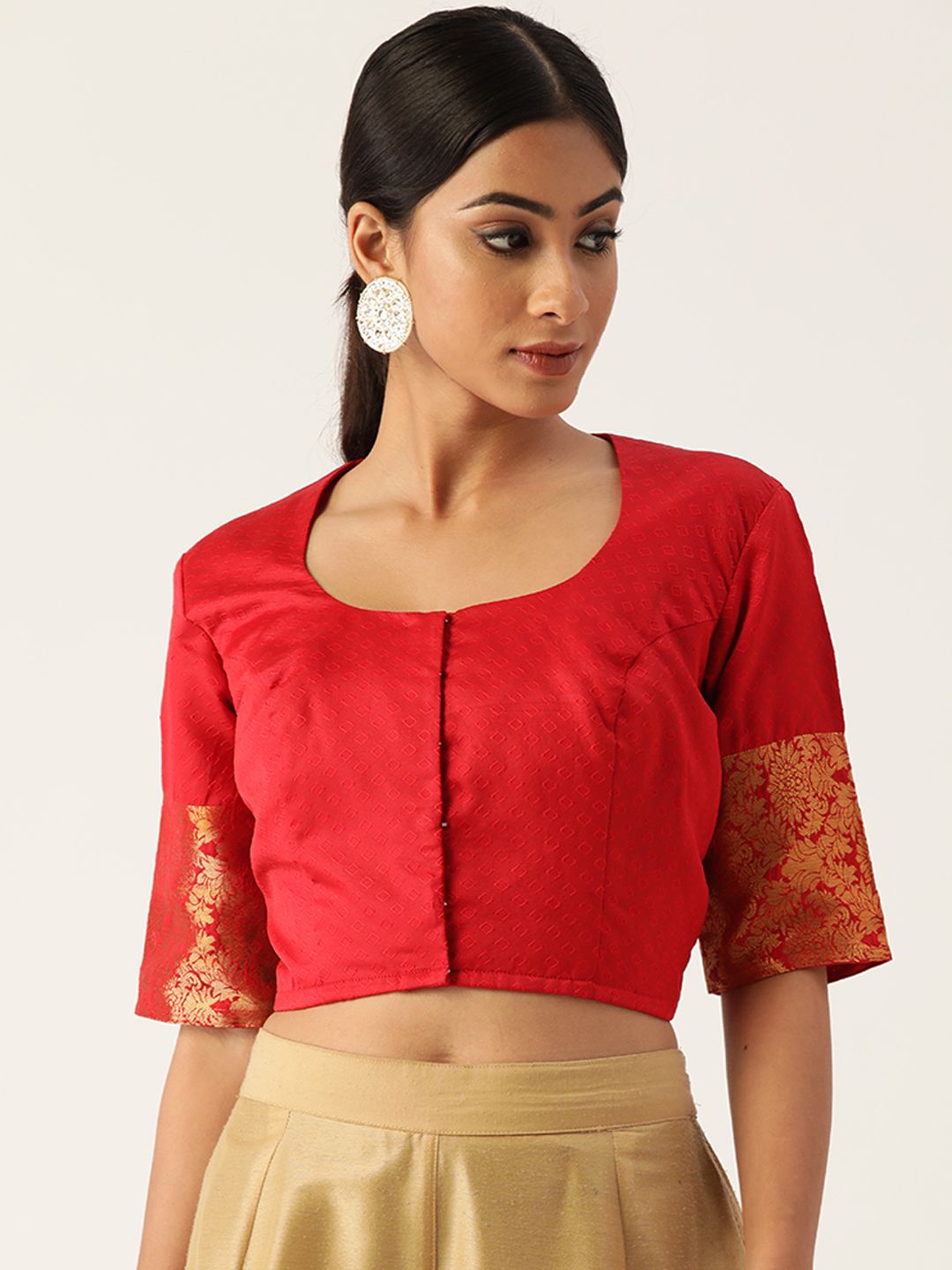 Studio Shringaar Women Red & Golden Self Design Saree Blouse Price in India